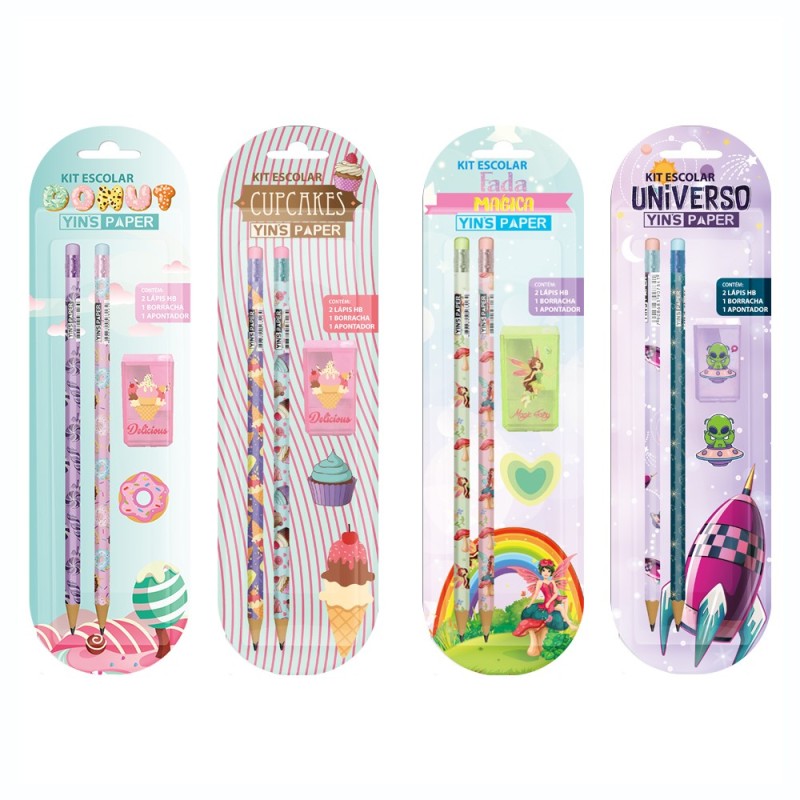 Kit Escolar 2 Lápis Grafite E Borracha Menina Estampas Variadas