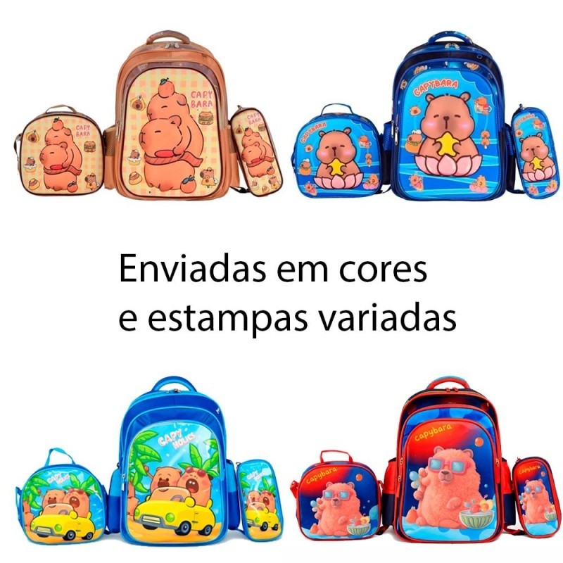 Kit Mochila Infantil Capivara 3 Peças Lancheira E Estojo