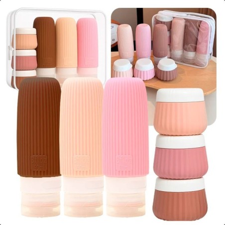 Kit Viagem Com 6 Frascos E Potes Silicone Porta Shampoo E Creme