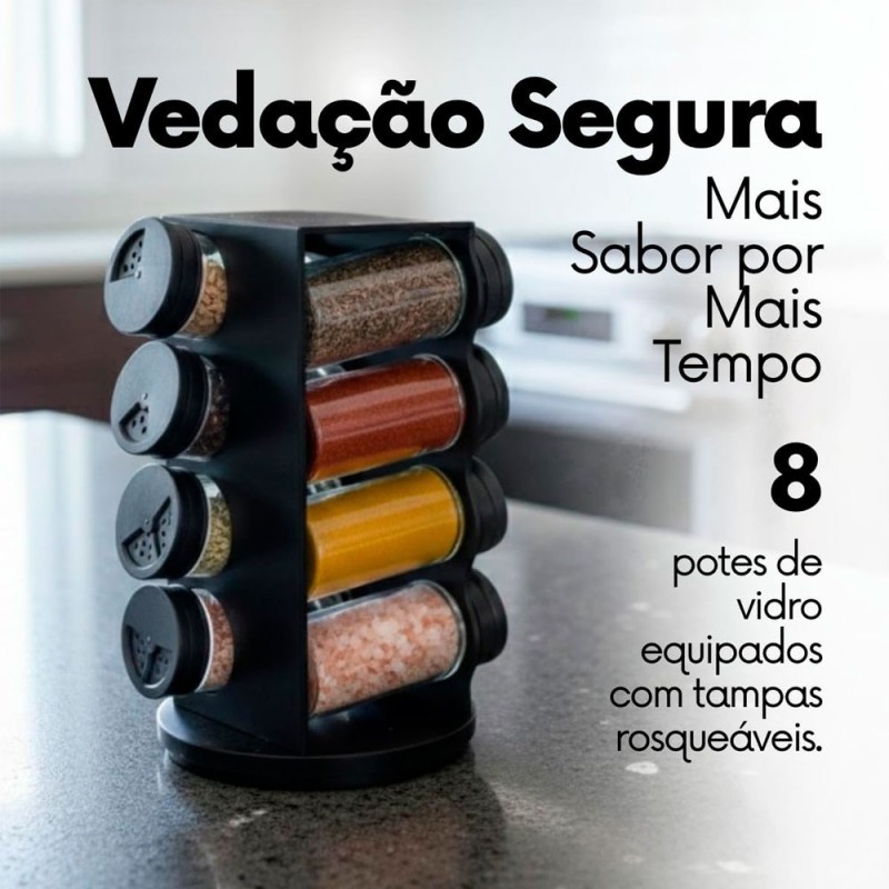 Porta Temperos Condimentos Suporte Giratório Preto 8 Potes