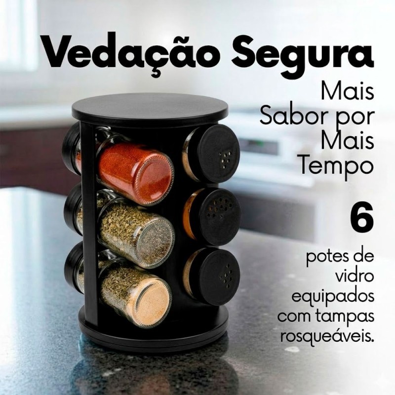 Porta Temperos Condimentos Suporte Giratório Preto Redondo 6 Potes