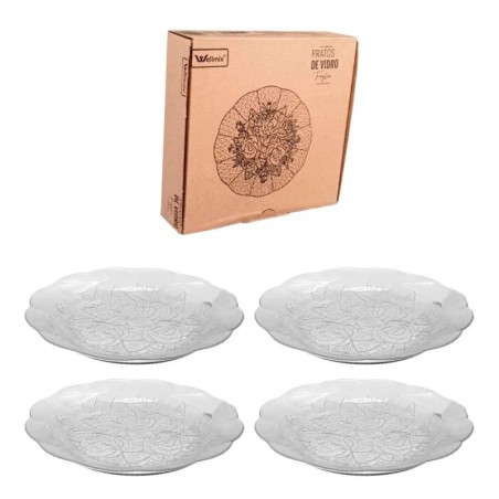 Conjunto 4 Pratos Fundo De Vidro Foglia 22cm Floral