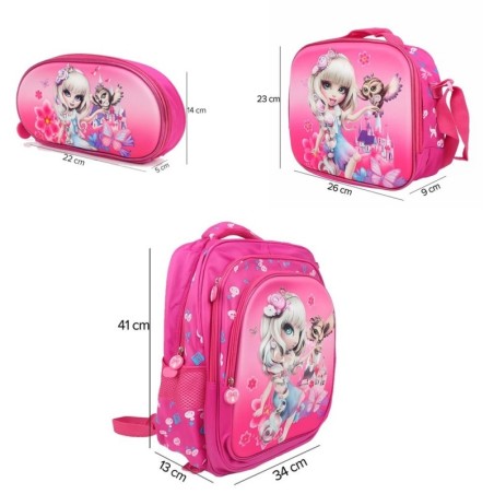 Kit Mochila Menina Infantil Com Estojo Lancheira E Carrinho Reforçado