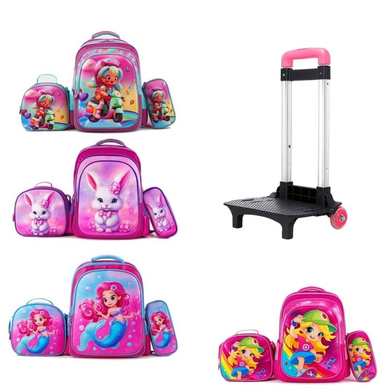 Kit Mochila Menina Infantil Com Estojo Lancheira E Carrinho Reforçado