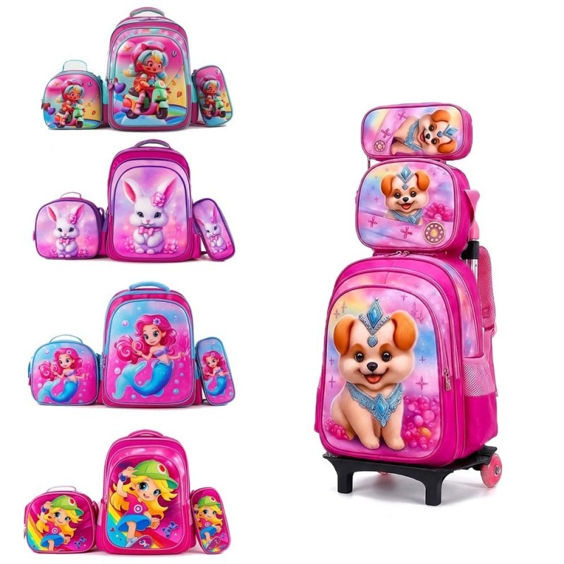 Kit Mochila Menina Infantil Com Estojo Lancheira E Carrinho Reforçado