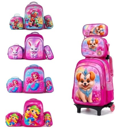 Kit Mochila Menina Infantil Com Estojo Lancheira E Carrinho Reforçado