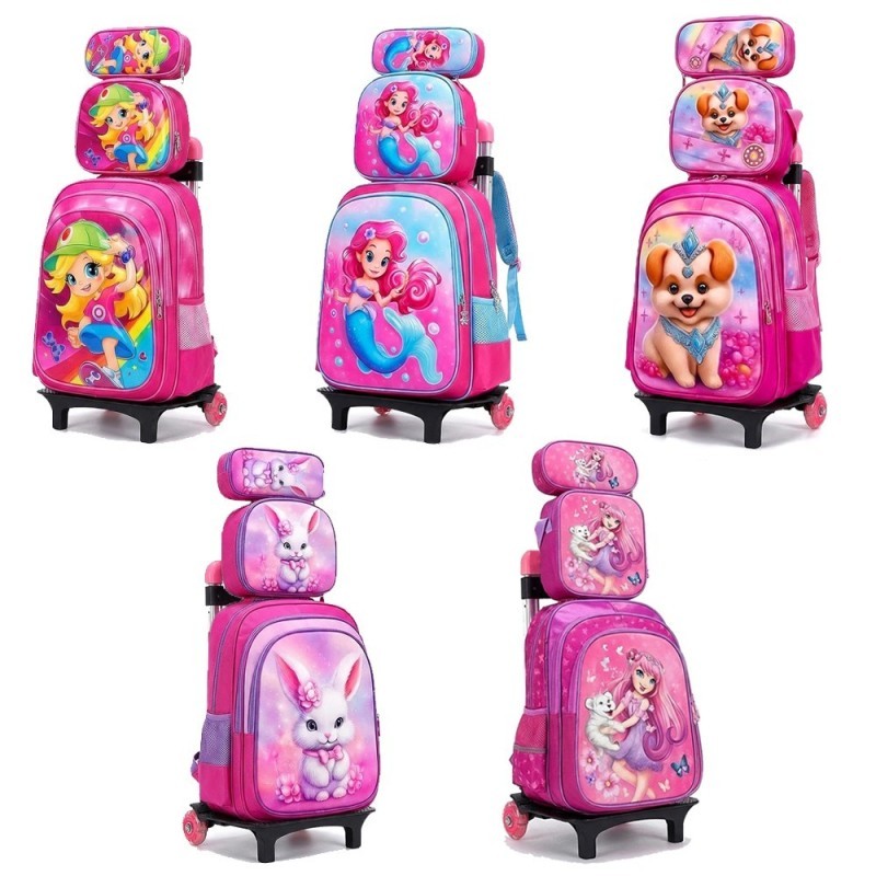 Kit Mochila Menina Infantil Com Estojo Lancheira E Carrinho Reforçado