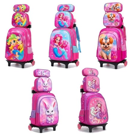 Kit Mochila Menina Infantil Com Estojo Lancheira E Carrinho Reforçado