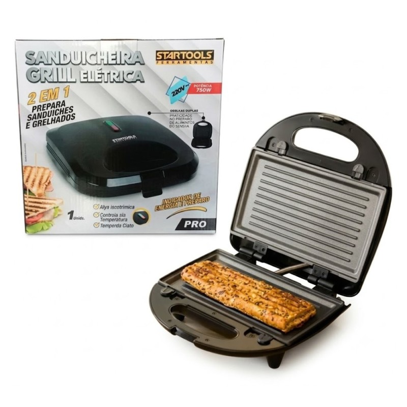 Sanduicheira Elétrica Grill 127V Antiaderente 2 em 1 Lanche