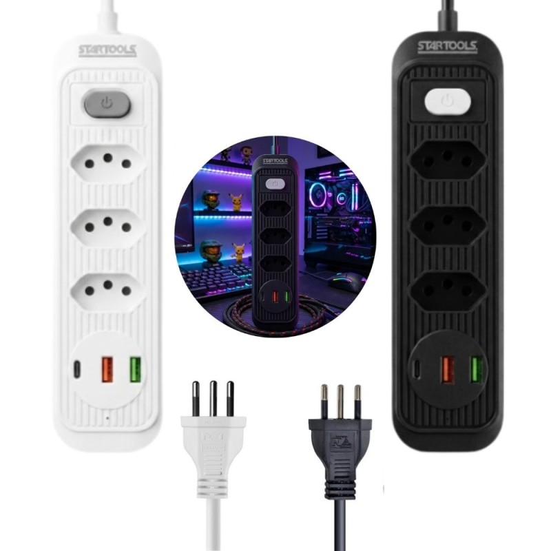 Régua Extensão Elétrica USB Universal 2M 3 Tomadas Bivolt