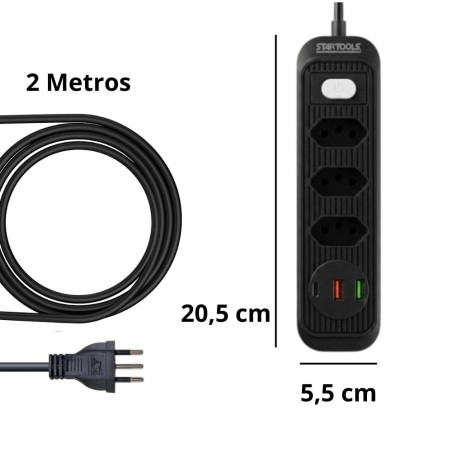 Régua Extensão Elétrica USB Universal 2M 3 Tomadas Bivolt
