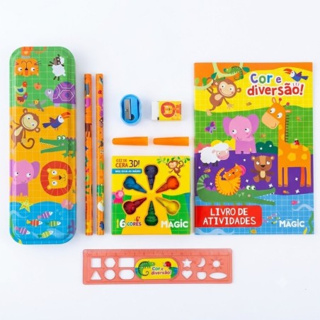 Kit Escolar 9 Peças Com Livro De Atividades Animais