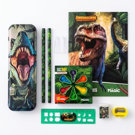 Kit Escolar Dinossauros 9 Peças Com Livro De Atividades
