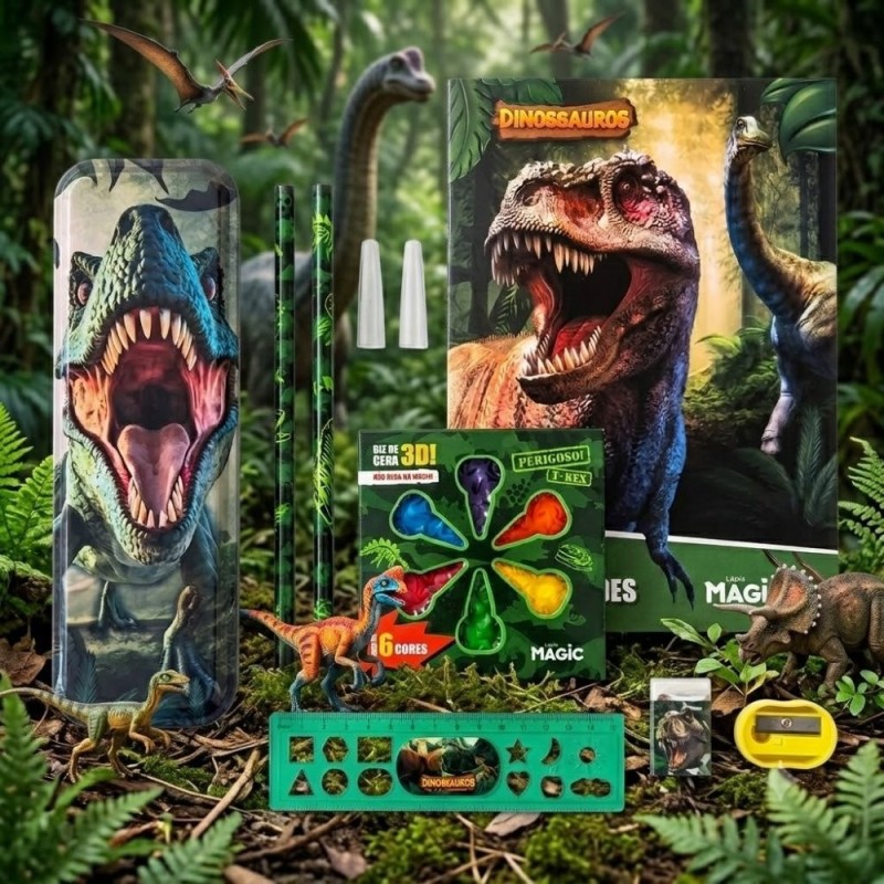 Kit Escolar Dinossauros 9 Peças Com Livro De Atividades