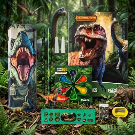Kit Escolar Dinossauros 9 Peças Com Livro De Atividades