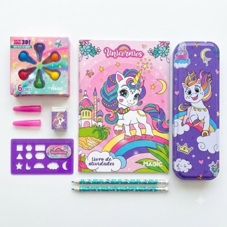Kit Escolar 9 Peças Com Livro De Atividades Unicórnios