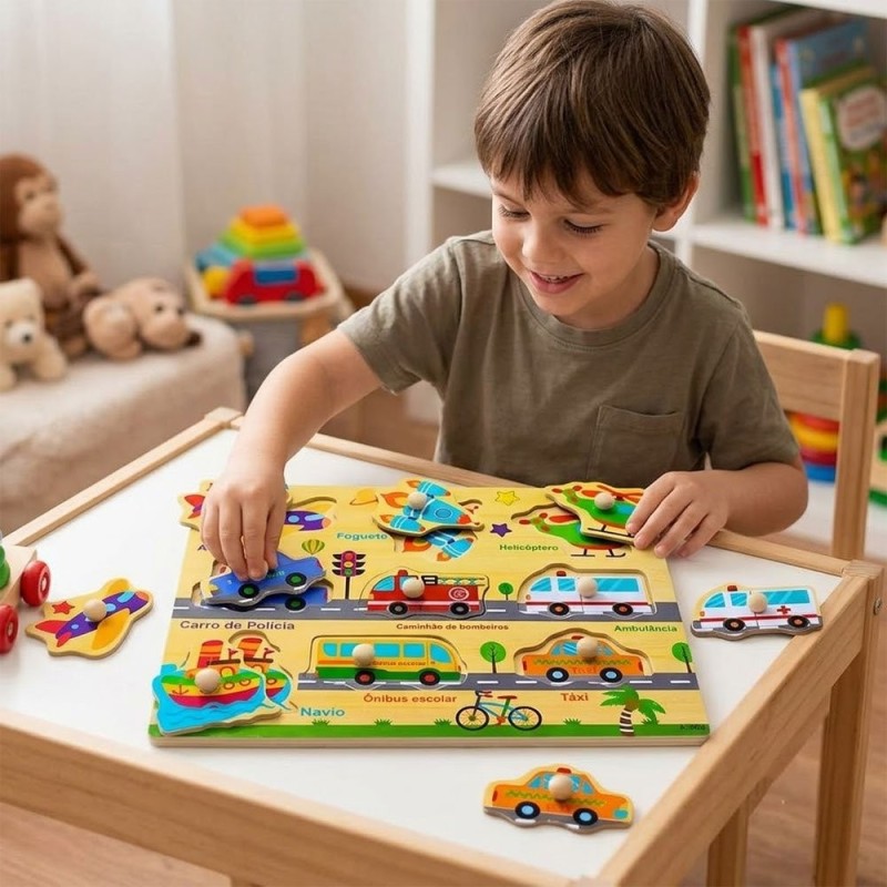 Jogo De Encaixes Com Pino De Transportes Brinquedo Montessori