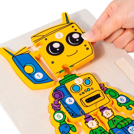 Brinquedo Quebra Cabeça Robo Com Lousa E Caneta Em Madeira Montessori 2