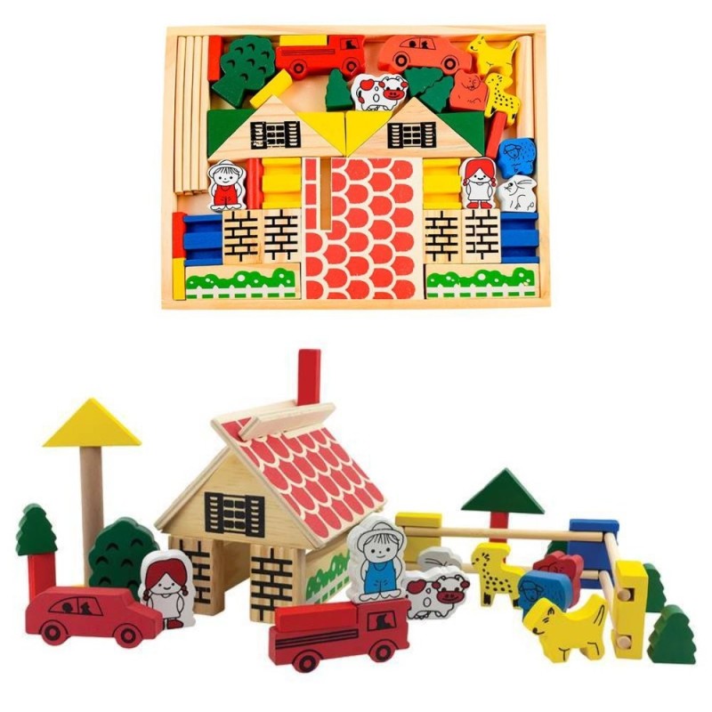 Kit Blocos De Montar Fazendinha 45 Peças Madeira Montessuri Educativo