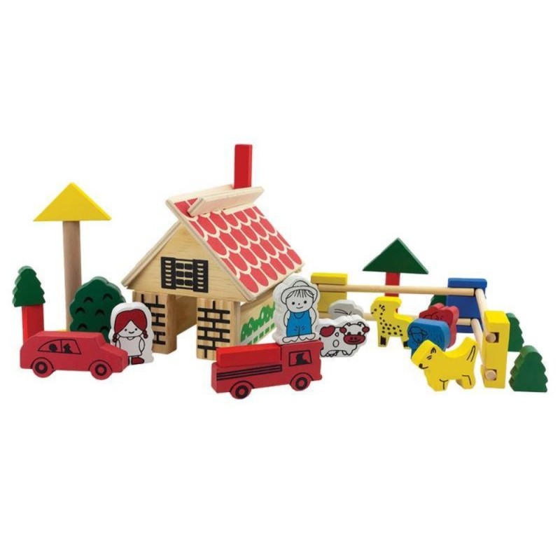 Kit Blocos De Montar Fazendinha 45 Peças Madeira Montessuri Educativo