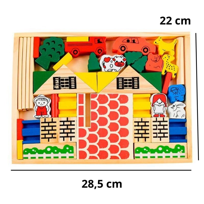 Kit Blocos De Montar Fazendinha 45 Peças Madeira Montessuri Educativo