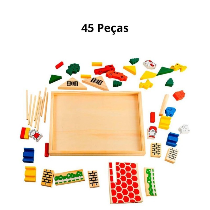 Kit Blocos De Montar Fazendinha 45 Peças Madeira Montessuri Educativo
