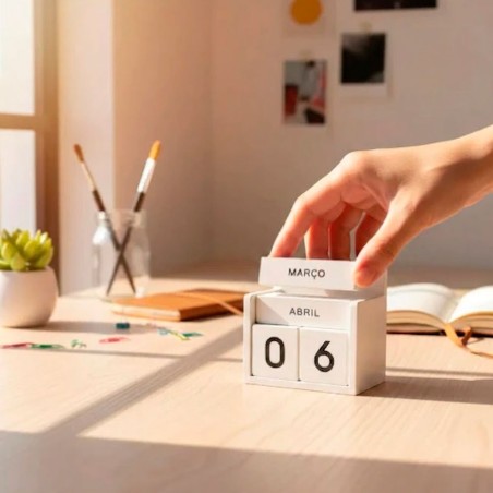 Calendário De Mesa Em Cubos Ajustável Madeira MDF Branco
