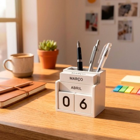 Calendário De Mesa Em Cubos Ajustável Madeira MDF Branco