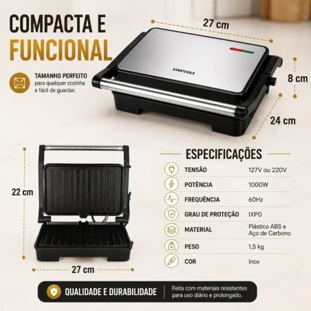 Sanduicheira Elétrica Grill Chapa 1000w Inox Antiaderente 127 V