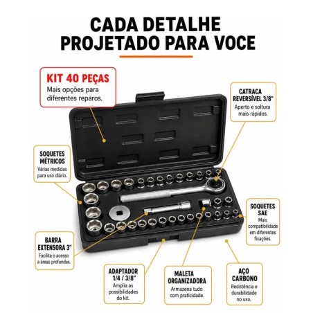 Jogo De Chave Catraca Reversível 40 Peças Com Canhão E Soquetes 2