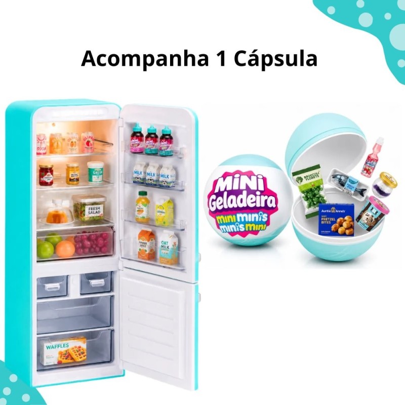 Kit Mini Geladeira Bola Surpresa Colecionável Comidinha Luz Interna