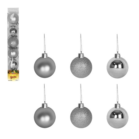 Kit 06 Bolas De Natal Pratas 5 Cm Lisa Fosca E Glitter