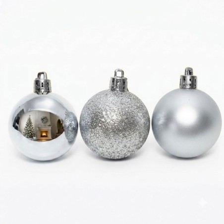 Kit 06 Bolas De Natal Pratas 5 Cm Lisa Fosca E Glitter