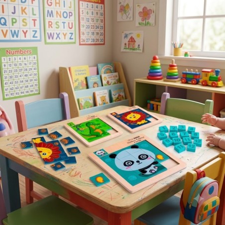 Quebra Cabeça Educativo Animais Dupla Face Montessori Em Madeira