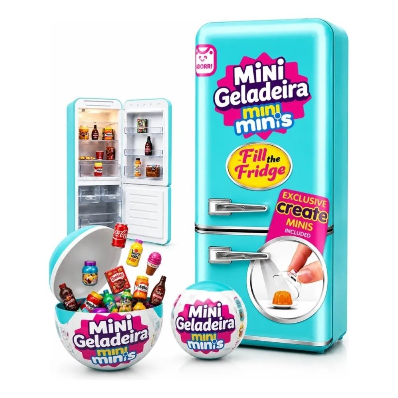 Mini Geladeira E 2 Bolas Surpresa Colecionável Comidinha Luz Interna