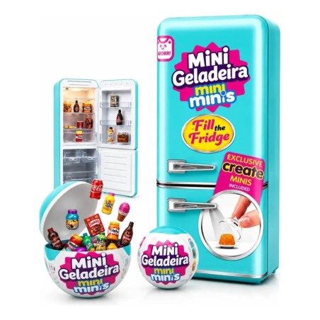 Mini Geladeira E 2 Bolas Surpresa Colecionável Comidinha Luz Interna