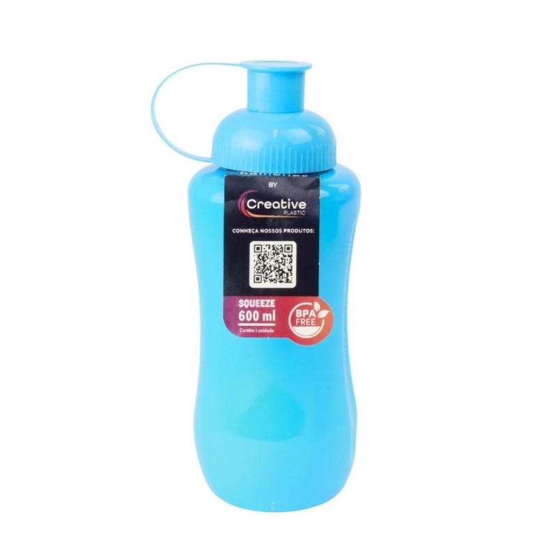 Garrafa Plástica Squeeze Com Tampa Encaixe Maleável Azul 600ml