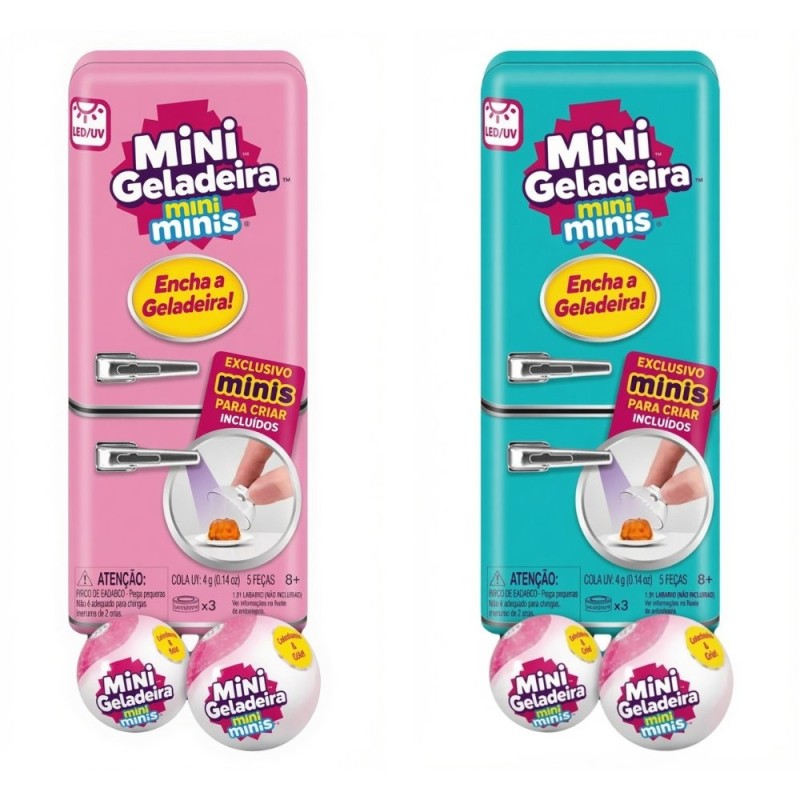 Mini Geladeira E 2 Bolas Surpresa Colecionável Comidinha Luz Interna