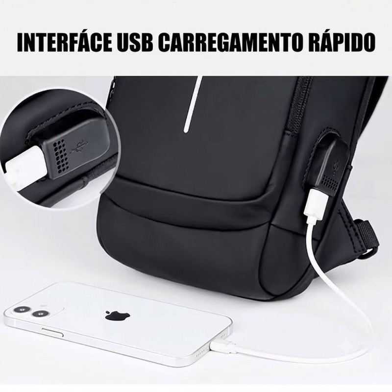 Mochila De Ombro Pochete Compacta Transversal USB Anti-Furto
