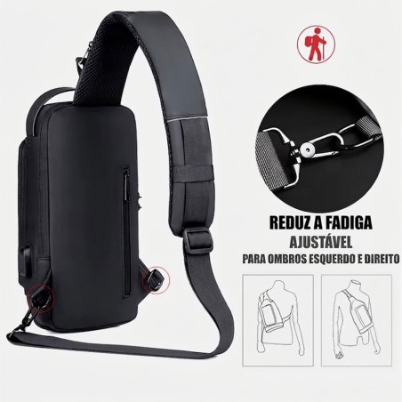 Mochila De Ombro Pochete Compacta Transversal USB Anti-Furto