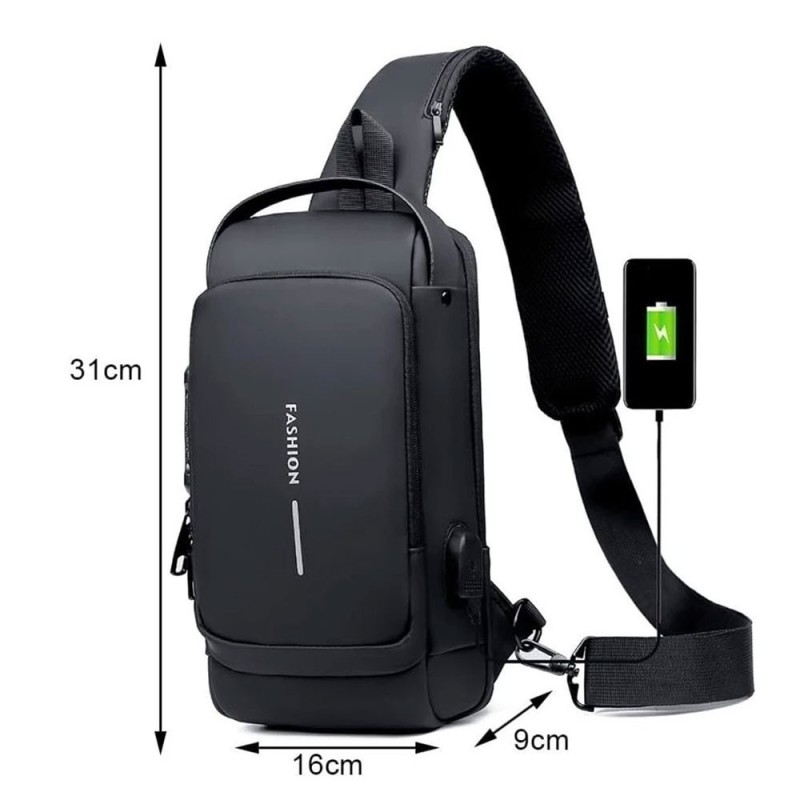 Mochila De Ombro Pochete Compacta Transversal USB Anti-Furto