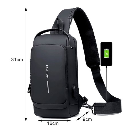 Mochila De Ombro Pochete Compacta Transversal USB Anti-Furto