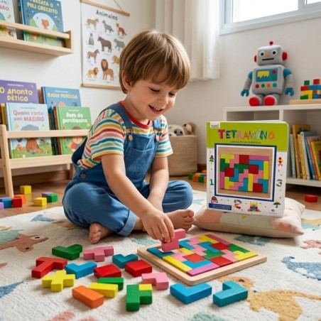 Livro Infantil Educativo Tetraminó  Montessori 20 Peças De Madeira