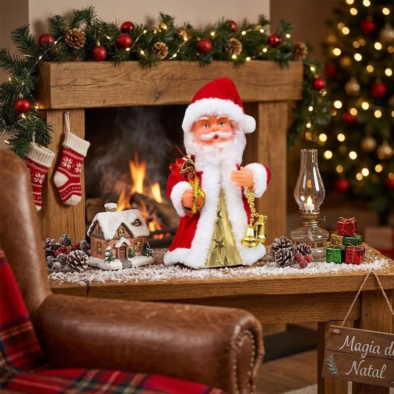 Enfeite Boneco Papai Noel Musical Giratório Decorativo Com Luz