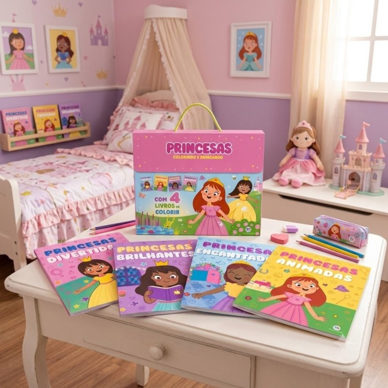 Box Com 4 Livros De Colorir Infantil Princesas Educativo