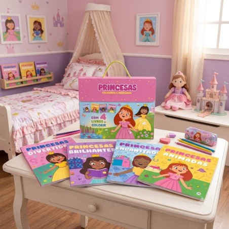 Box Com 4 Livros De Colorir Infantil Princesas Educativo