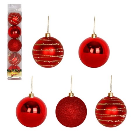 Kit Enfeite Pendente 5 Bolas De Natal Lisa Glitter Decorada Vermelha N°7