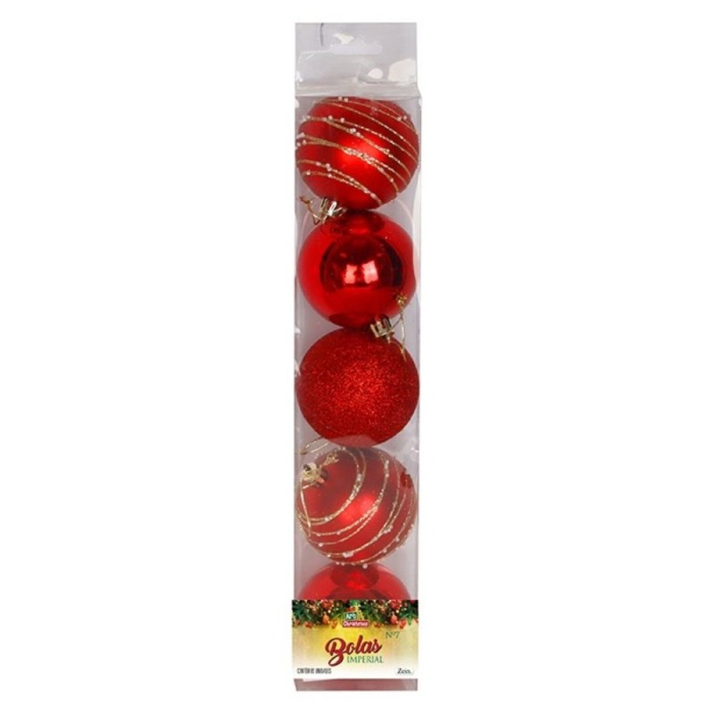 Kit Enfeite Pendente 5 Bolas De Natal Lisa Glitter Decorada Vermelha N°7