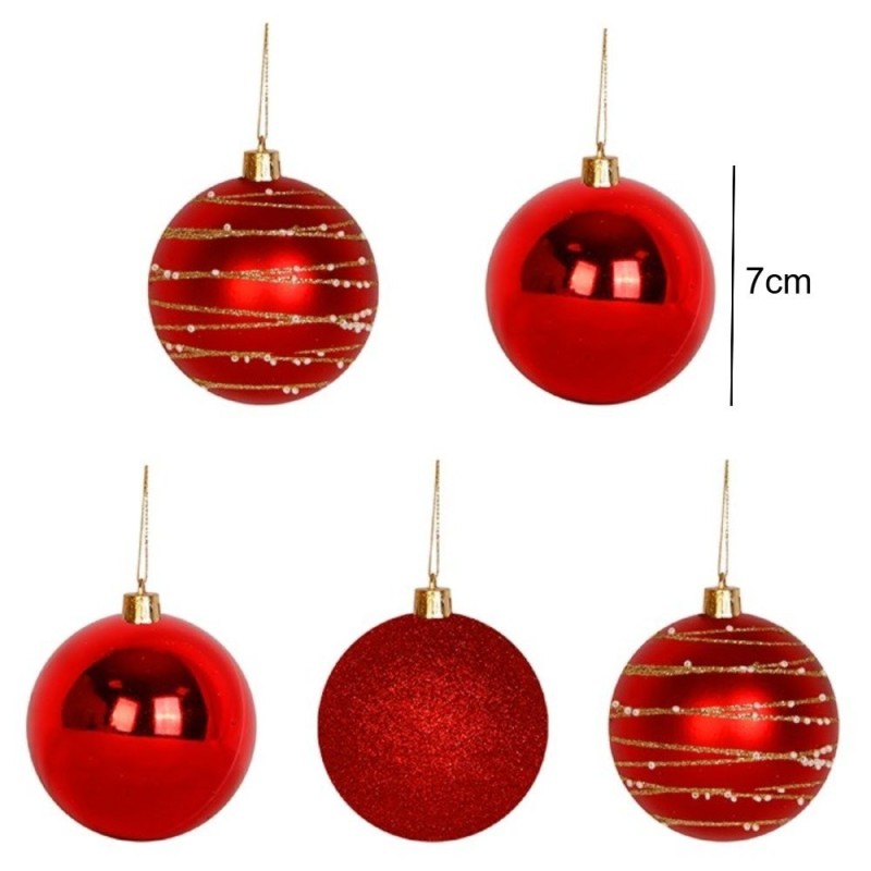 Kit Enfeite Pendente 5 Bolas De Natal Lisa Glitter Decorada Vermelha N°7