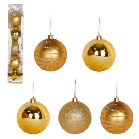 Kit Enfeite Pendente 5 Bolas De Natal Lisa Glitter Decorada Dourada N°7